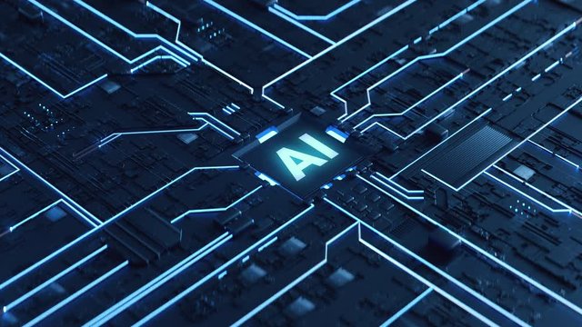 Animation of Abstract Artificial Intelligence, power Button of AI. Deep-learning modern computer Technologies, Abstract futuristic Electronic Animation of Artificial Intelligence started to work.