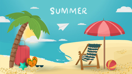 Obraz premium banner landscape summer vacation on the sea beach umbrella and lounge chair suitcase with things palm tree on the beach ocean for design flat vector illustration