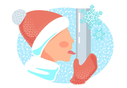 Tongue stick freeze to metal pole vector. Winter frostbite illustration. Funny joke, trick with iron stick. Boy stuck isolated caricature on white background. Snowy blue and red fun card