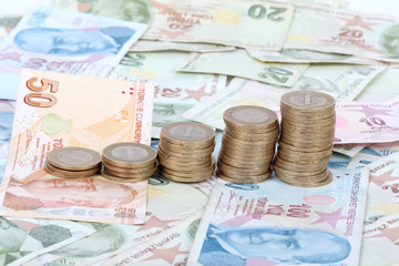 Turkish lira banknotes and coins