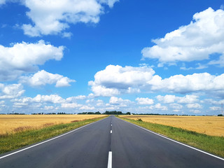 Fototapeta na wymiar View of the asphalt highway which is in a field with wheat against the blue sky with white clouds. Concept landscape, background.