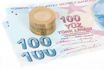 Turkish lira banknotes and coins