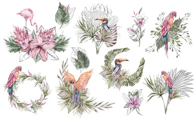 Watercolor and graphic compositions with tropical leaves, flamingo, parrot, toucan, flowers on white background. Can be used for greeting cards, wedding invitations, textile, fabric, print, pattern.
