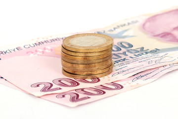 Turkish lira banknotes and coins