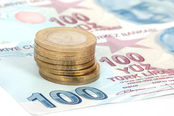 Turkish lira banknotes and coins
