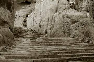 old religion stairs pilgrimage path way vintage monochrome color lighting in Middle East holy land region environment