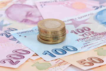 Turkish lira banknotes and coins