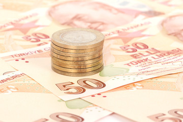 Turkish lira banknotes and coins
