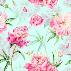 Poster Summertime garden flowers Peonies watercolor seamless pattern. Beautiful hand drawn texture © Anna