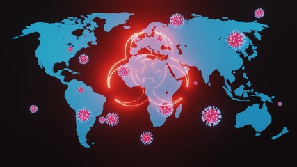 map of earth is highlighted in glow red, particles of coronavirus fly over it. Concept of the coronavirus pandemic covid-19, global problem for all of humanity, earth quarantine. 3d rendering