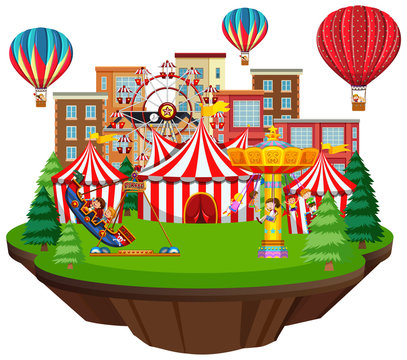 carnival scene with hot air balloons and rides clip art preview