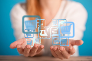 Online shopping business concept selecting shopping cart.