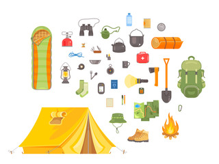 Set of Camping and Tourism Equipment. Hiking Outdoor Activity Elements Kit. Travel Gear Flat Vector Illustration. Backcountry Essentials icons