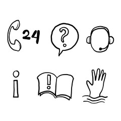 hand drawn Help and Support Related Vector Line Icons. Contains such Icons as Phone Assistant, Online Help, doodle style