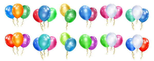 Fototapeta na wymiar Set of colorful balloons with ribbons, isolated on white background