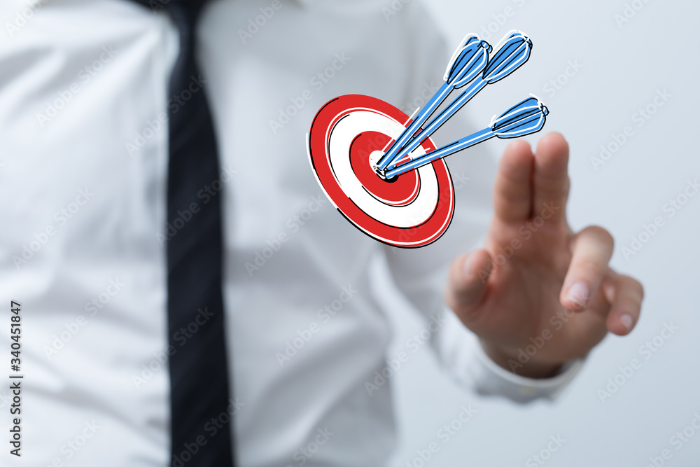 Poster Dart arrow on target dartboard, Business success concept..