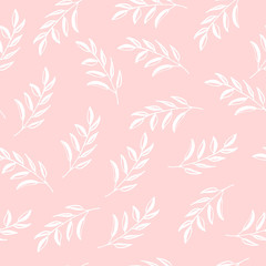 Fototapeta na wymiar Hand drawn floral seamless pattern. Branches on blush pink background. Easy to edit vector template for textile, fabric, gift wrap, wedding invitation, etc.