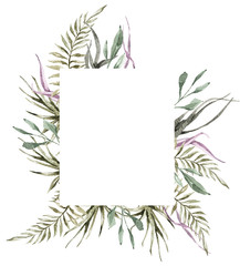 Watercolor frame with tropical leaves and flowers on white background. Can be used for your project, greeting cards, wedding invitations, textile, fabric, poster, print, pattern.