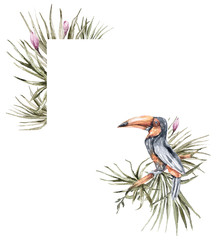 Watercolor frame with tropical leaves, toucan and flowers on white background. Can be used for your project, greeting cards, wedding invitations, textile, fabric, poster, print, pattern.
