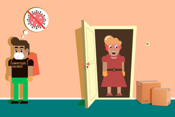 Contactless delivery service. A woman was delivered goods near the apartment. Quarantine security concept.