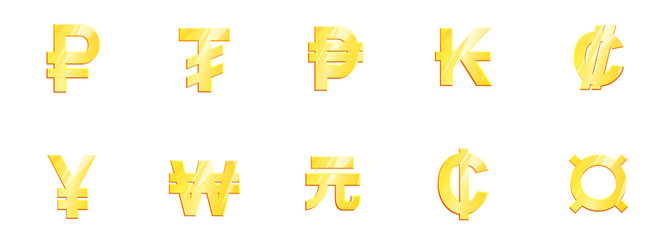 World currency gold symbol big set. Main currencies ruble tugric peso kip colon yen won yuan cedi. Exchange Money banking illustration. Financial sign stock vector
