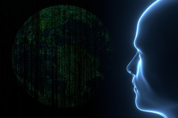 3D rendering illustration .Hacker artificial intelligence  face hitech in cyberspace concept. Cyborg head man binary code matrix rain random symbols. Cyberpunk programming code technology background