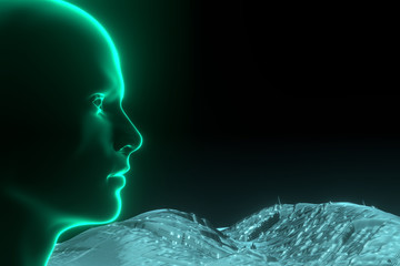 3D rendering illustration .Hacker artificial intelligence  face hitech in cyberspace concept. Cyborg head man binary code matrix rain random symbols. Cyberpunk programming code technology background