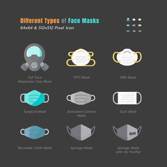 Different Type of Face Masks. Covid-19, Coronavirus Disease 2019 Prevention. Such Mask as N95, Surgical, Sponge, Cloth, FFP1, and More.  64x64 Pixel Flat Icons Set. Vector illustration EPS 10.