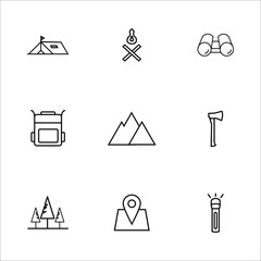 camping icon set with outline style vector for your web design, logo, UI. illustration. Set includes icons as tent, campfire,bag, forest, flashlight,axe,mountain,pin map,binocular