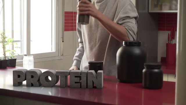 Unrecognizable person Making and drinking Protein Shake after Exercise. Protein 3D Render and Real Footage Compositing