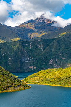 Vertical Landscape Of The Cuicocha Crater Lake And The Cotacachi Volcano On Top, Cotacachi Cayapas Ecological Reserve, North Of Quito, Ecuador.