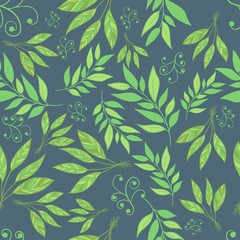 Fototapeta premium Leaves and floral hand-drawn seamless pattern. Foliage and leaf branches on dark green background. Vector illustration.