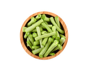 yardlong beans in wooden bowl on white background