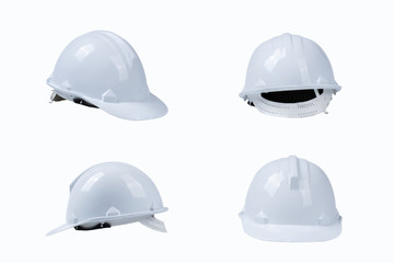 set of white helmet, construction tools and protection