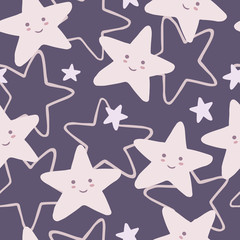Fototapeta na wymiar Cute smiling stars seamless pattern on pink background. Character star shapes elements wallpaper.