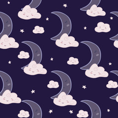 Seamless pattern with cute sleeping cloud sky and moon.