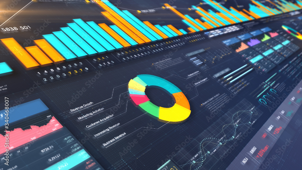Leinwandbilder business stock market, trading, info graphic with animated graphs, charts and data numbers insight a