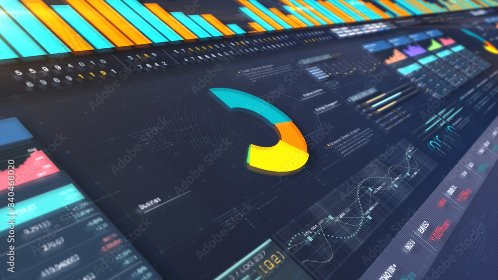 Poster business stock market, trading, info graphic with animated graphs, charts and data numbers insight a