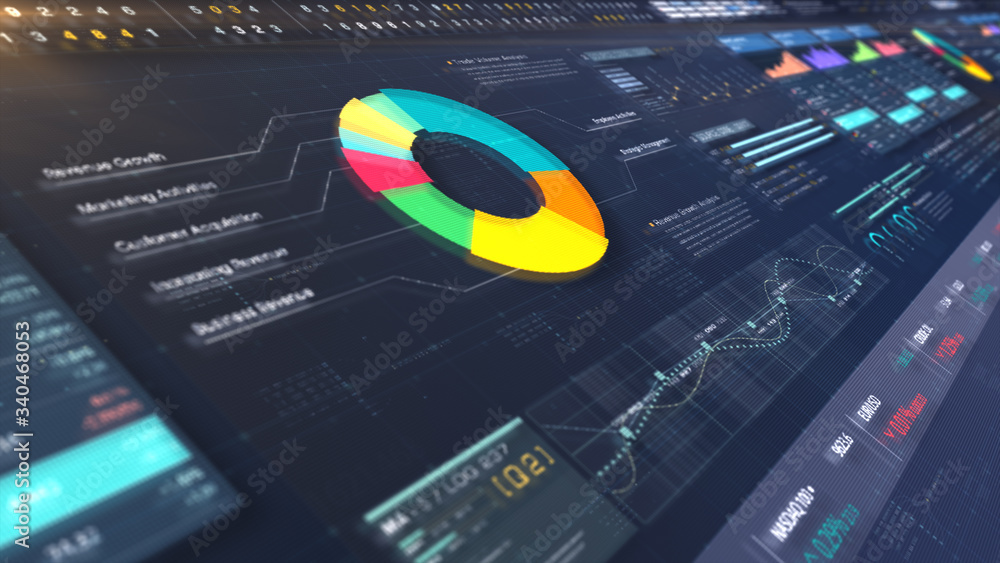 Poster business stock market, trading, info graphic with animated graphs, charts and data numbers insight a