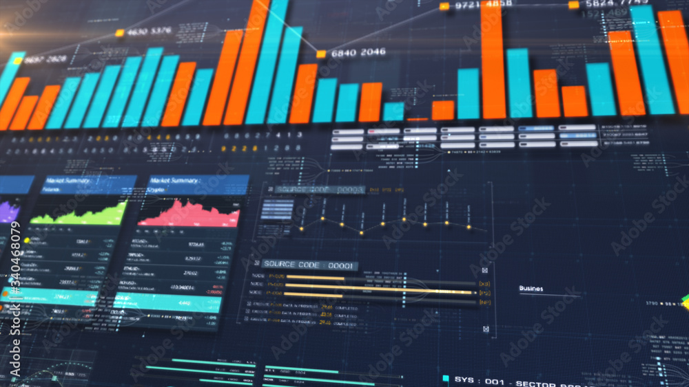 Poster Business stock market, trading, info graphic with animated graphs, charts and data numbers insight analysis to be shown on monitor display screen for business meeting mock up theme