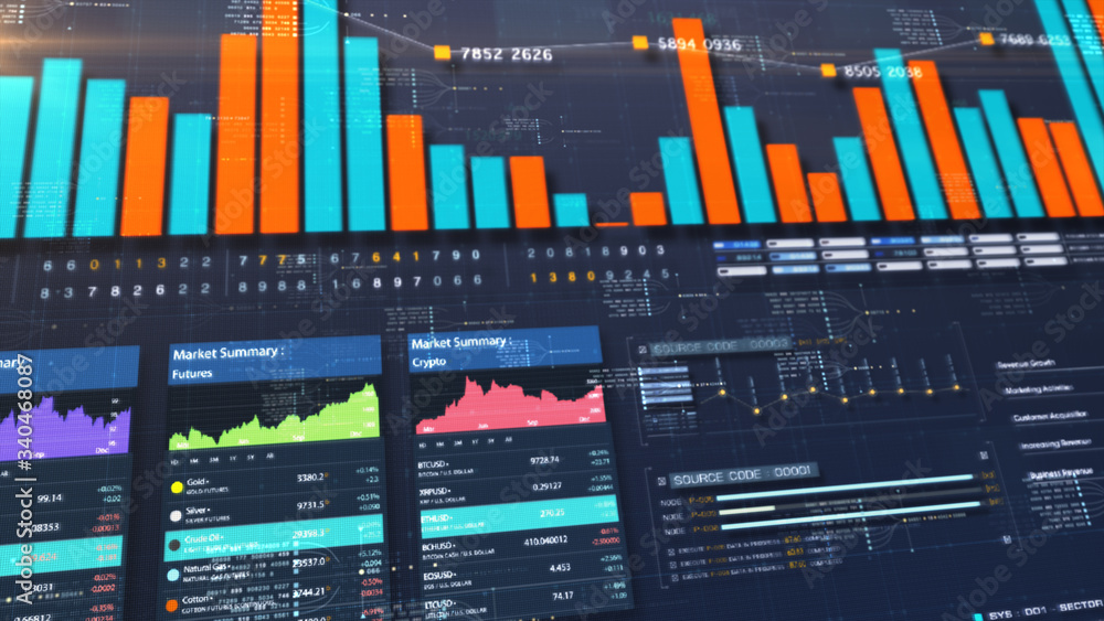 Poster business stock market, trading, info graphic with animated graphs, charts and data numbers insight a