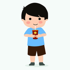 Cute Boy Drink Chocolate Ice Vector