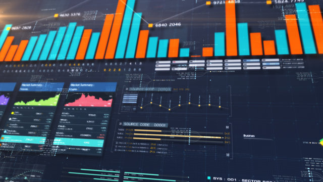 Business stock market, trading, info graphic with animated graphs, charts and data numbers insight analysis to be shown on monitor display screen for business meeting mock up theme - Powered by Adobe