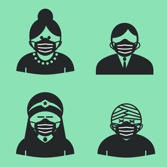 Character wearing surgical face mask set. to prevent from Covid-19 virus spreading and flu prevention, coronavirus, social distancing