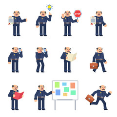 Set of policeman characters showing various actions. Old police officer holding stop sign, document, clipboard, running, walking and other actions. Flat design vector illustration