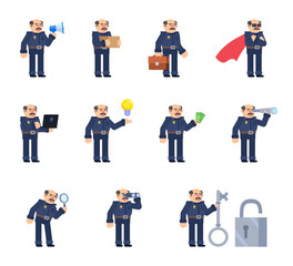 Set of policeman characters in various situations. Old police officer holding megaphone, laptop, magnifier, carrying box and showing other actions. Flat design vector illustration