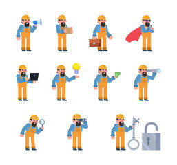 Set of bearded construction worker showing various poses. Old builder holding megaphone, big key, laptop, idea and showing other actions. Flat design vector illustration