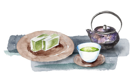 日本茶と和菓子　水彩画