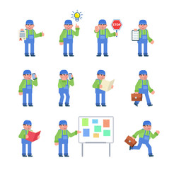 Set of worker or mechanic characters showing various poses. Labour worker in blue overalls holding stop sign, walking, talking on phone and showing other actions. Flat design vector illustration