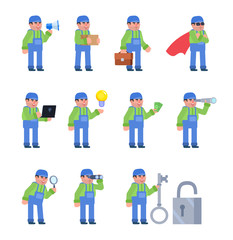 Set of worker characters showing various actions. Worker holding delivery box, megaphone, laptop, magnifying glass and showing other poses. Flat design vector illustration